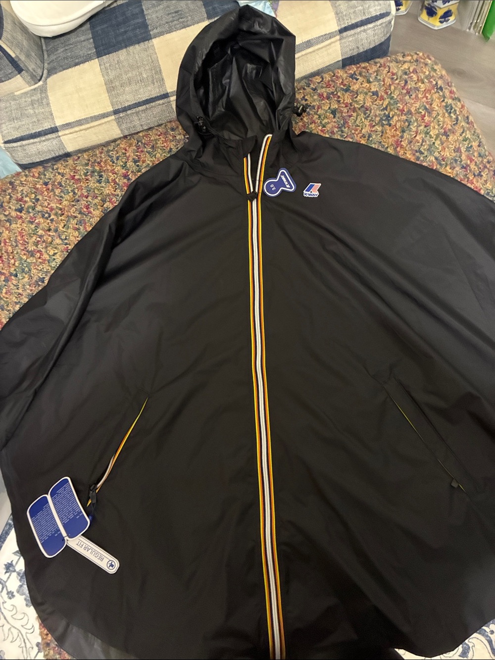 K-Way Black Hooded Packable Rain Cape with Yellow-White Center Stripe